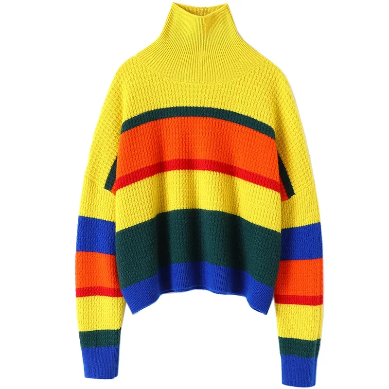 Colorful Striped 100% Cashmere Winter Warm Sweater Women New Designer Latest Fashion for Women Clothes Tops