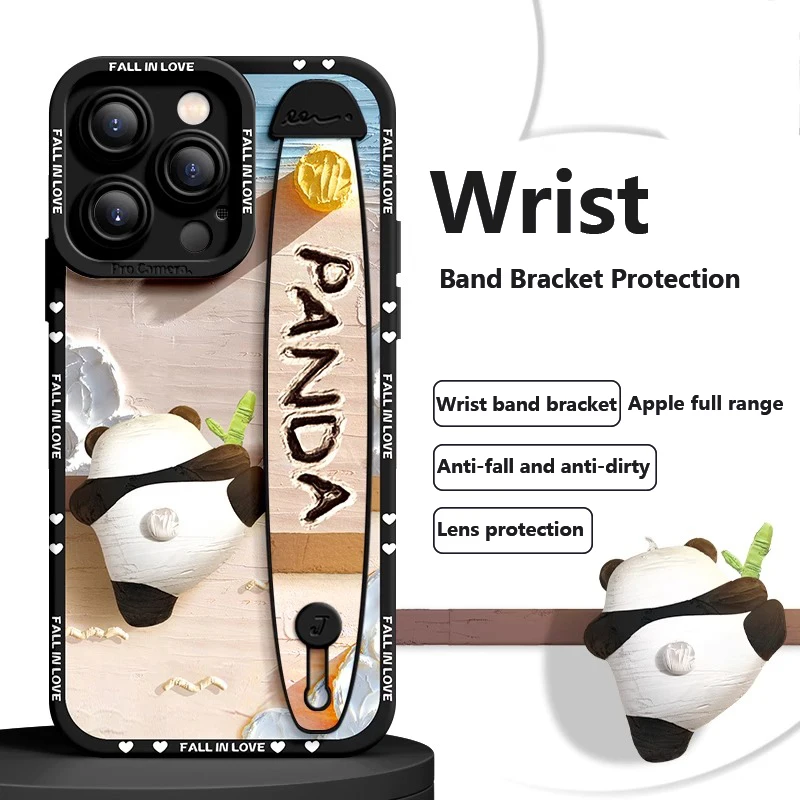 Deluxe Wrist Band Bracket  Applicable Iphone 15 14 13 12 11 Pro Max X XR Xs Soft Silicone Cell Phone Case Anti-fall The Panda