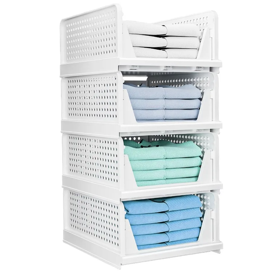 

4 Packs Plastic Storage Box Closet Organizer Foldable Storage Bin Stackable Drawer with Slide Rail PushPull Storage Basket for