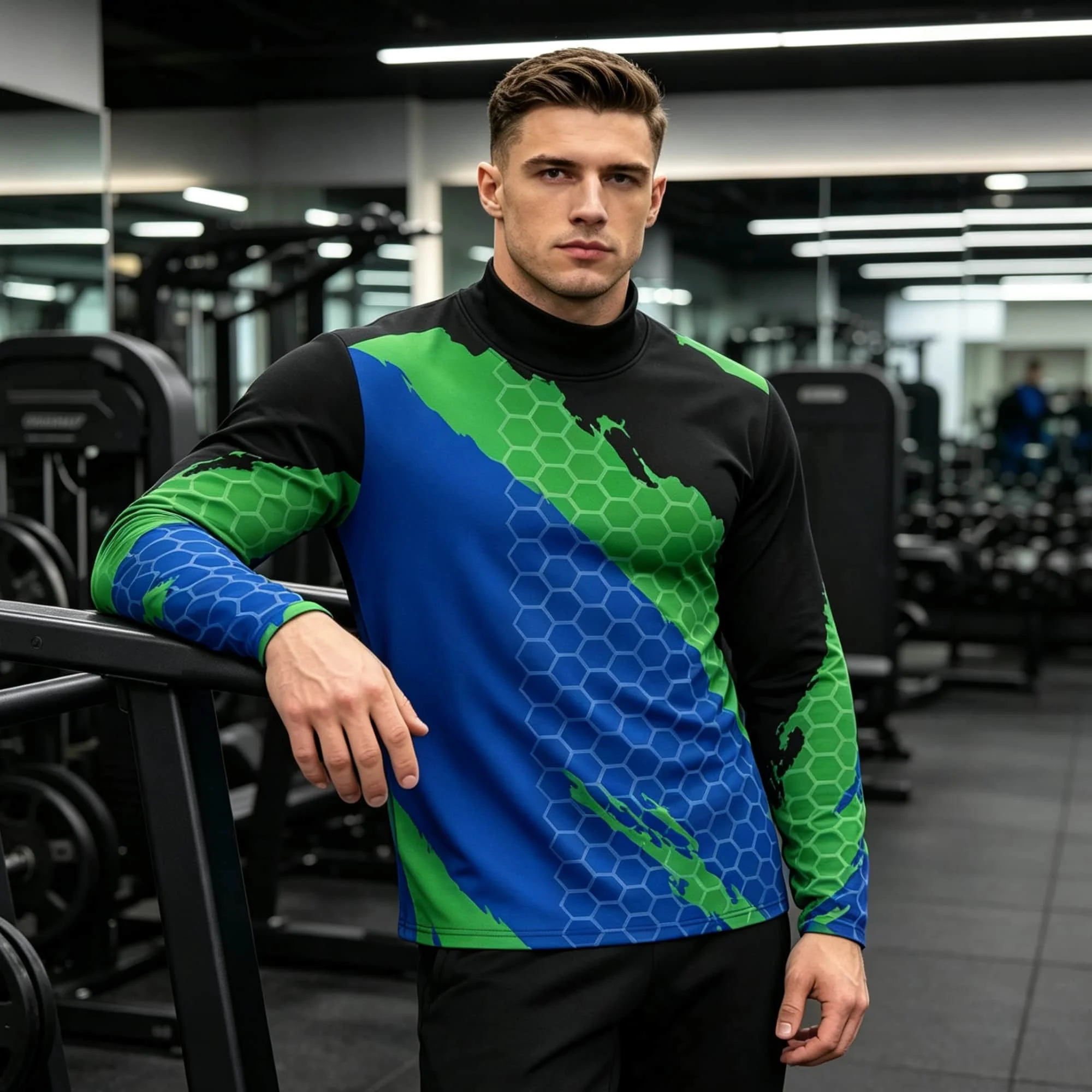 Men Contrast Color Honeycomb Texture Graphic Mock Neck Long Sleeve Tee, Breathable Fitness Training Casual Base Layer Shirt