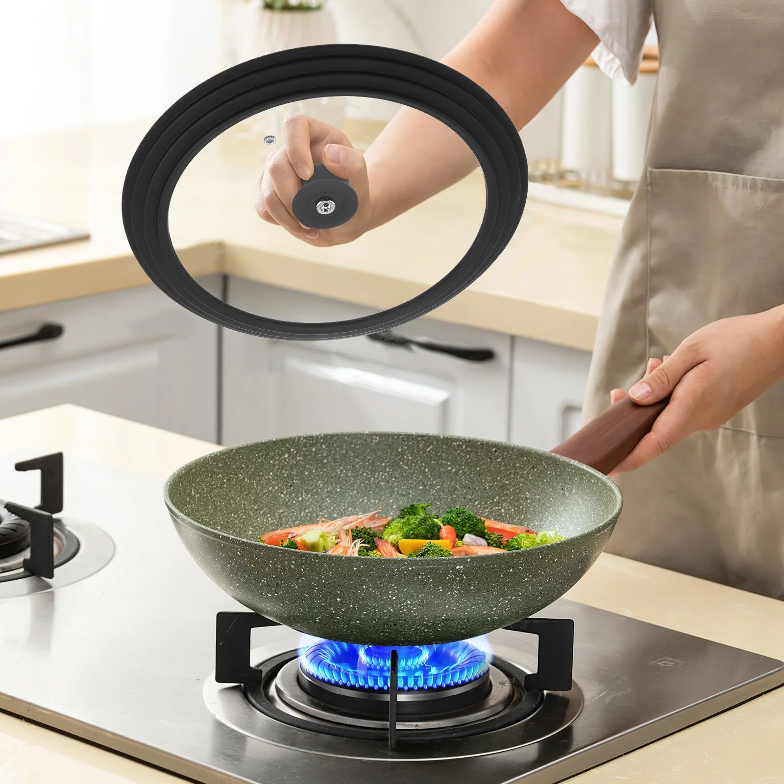 

Universal Tempered Glass Round Lid Silicone Rim Pot Pan Lid Cover Anti-Scald Handle Heat Resistant Kitchen Replacement