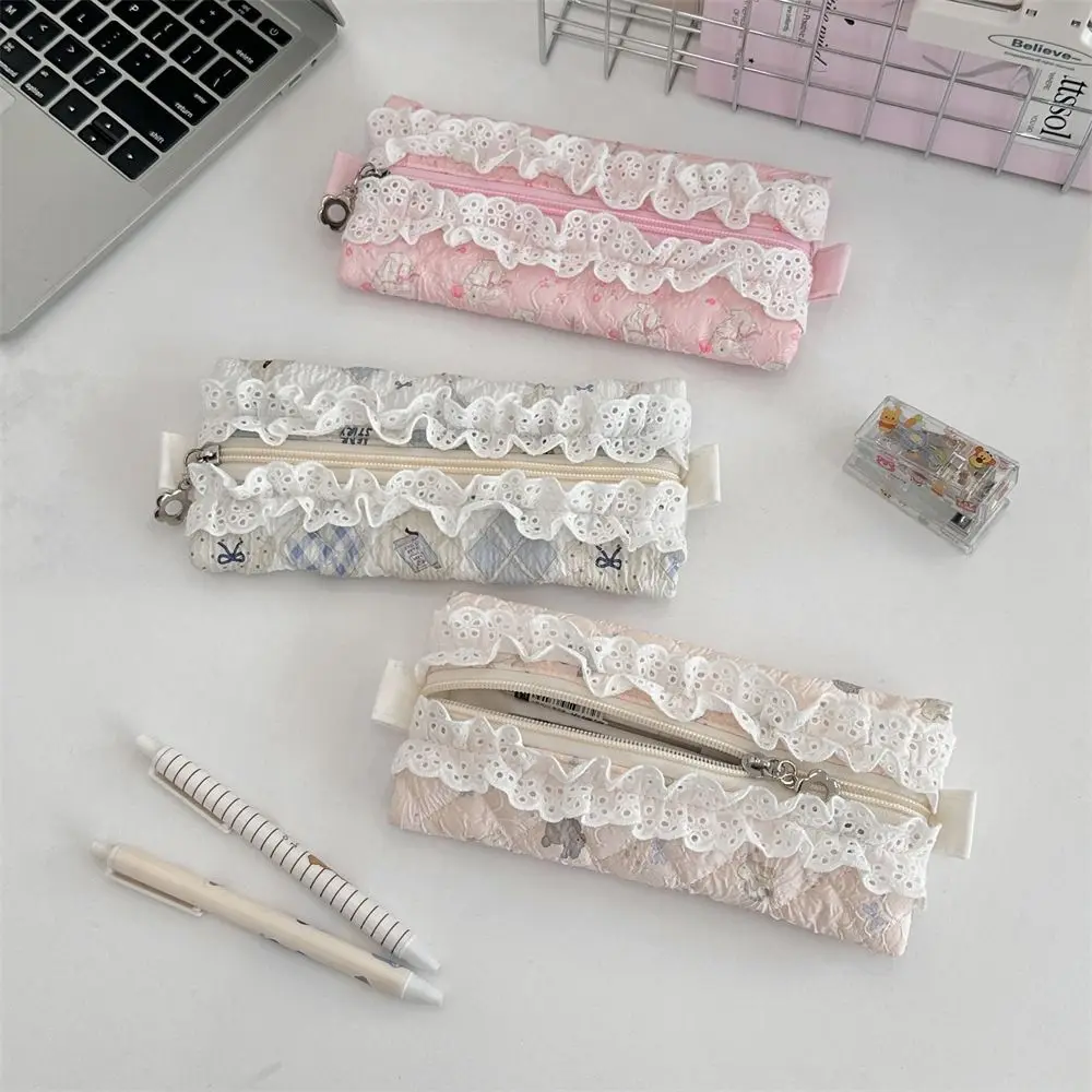 Fresh Lace Pencil Pouch Large Capacity Cosmetic Bag Flower Pattern Pen Case Makeup Bag Cartoon Stationery Storage Bag