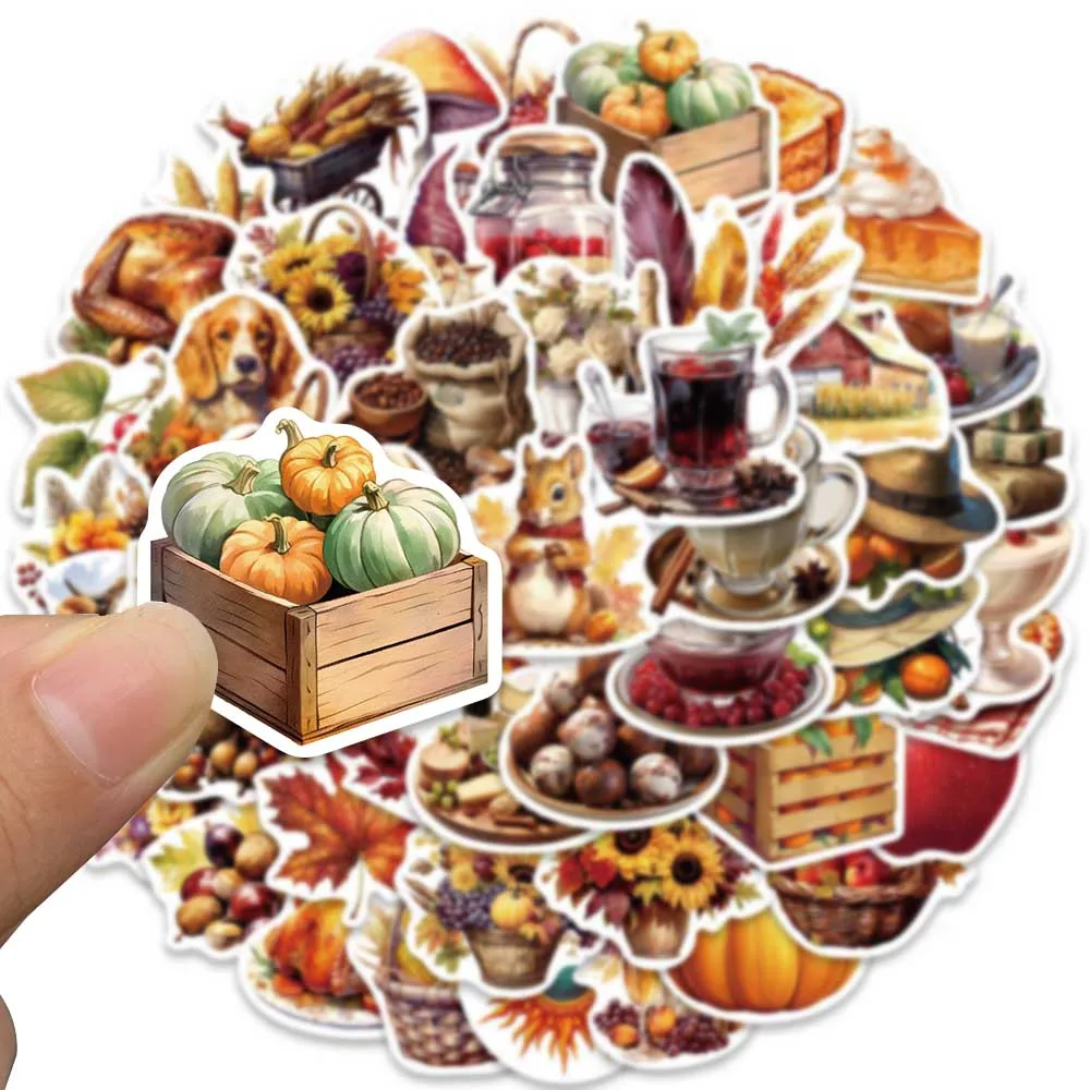 50pcs Retro Cartoon Foods Thanksgiving Day Stickers For Laptop Guitar Luggage Skateboard Waterproof Graffiti Vinyl Decals