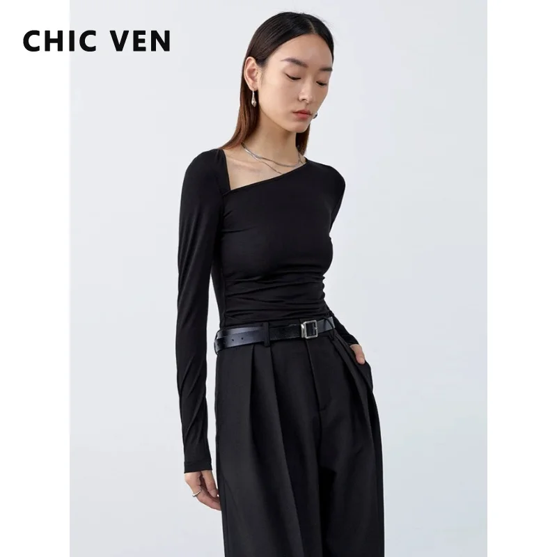 

CHIC VEN Fashion Women T Shirt Long Sleeved Slim Asymmetric Slanted Neck Slim Female Tees Ladies Top Spring Summer 2026