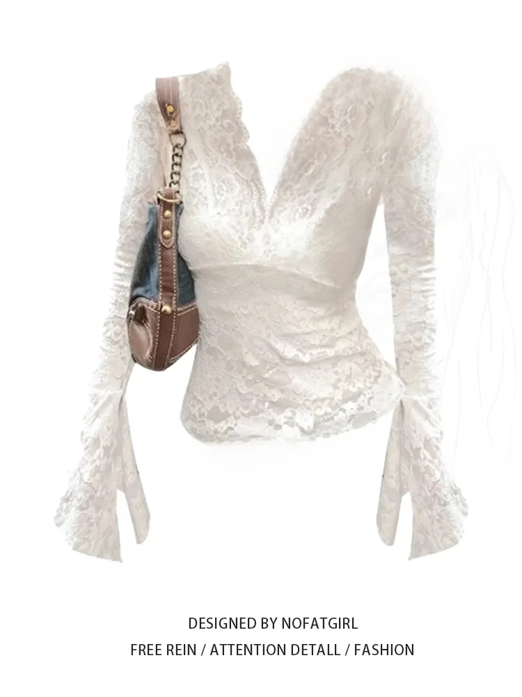 

Sexy Hollow out Lace Top Women's Long Sleeve V-Neck Slim Fit Flared Sleeve Base Shirt Korean Style Commute Fashion