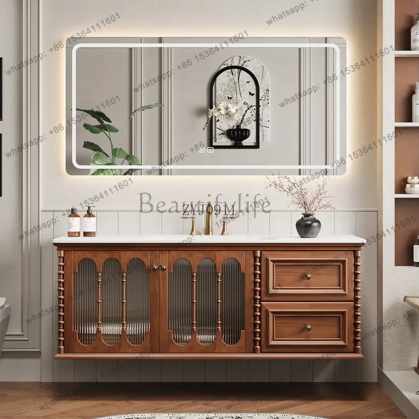 French retro Chinese antique bathroom cabinet combination American bathroom hot bending integrated washing table