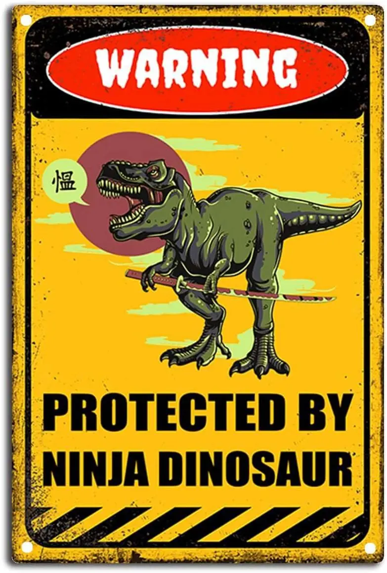 Retro-Warn-Blechschild, lustiges dekoratives Schild, Heim- und Außendekoration – geschützt durch Dinosaurier – Blechschild