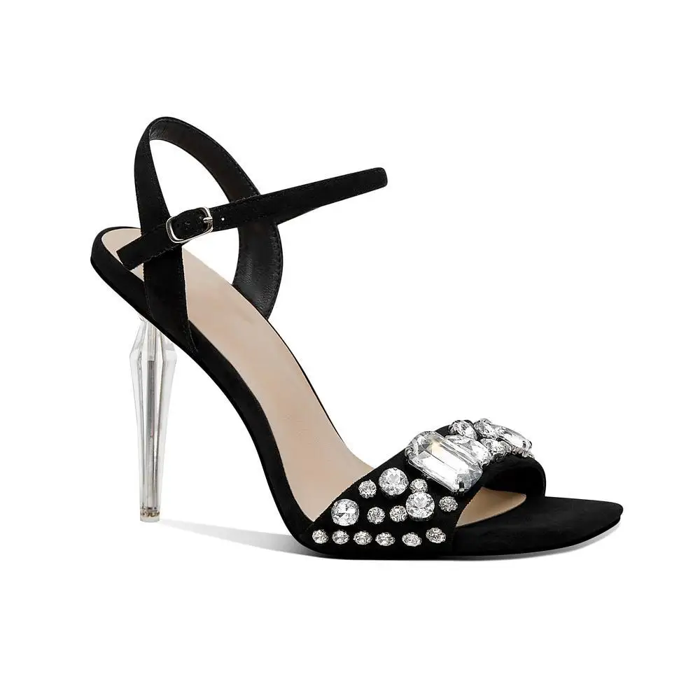 Women's Black Suede Heeled Sandals Crystal Embellished Front Clear Stiletto Heel Ankle Strap Design Glamorous Style for Weddings