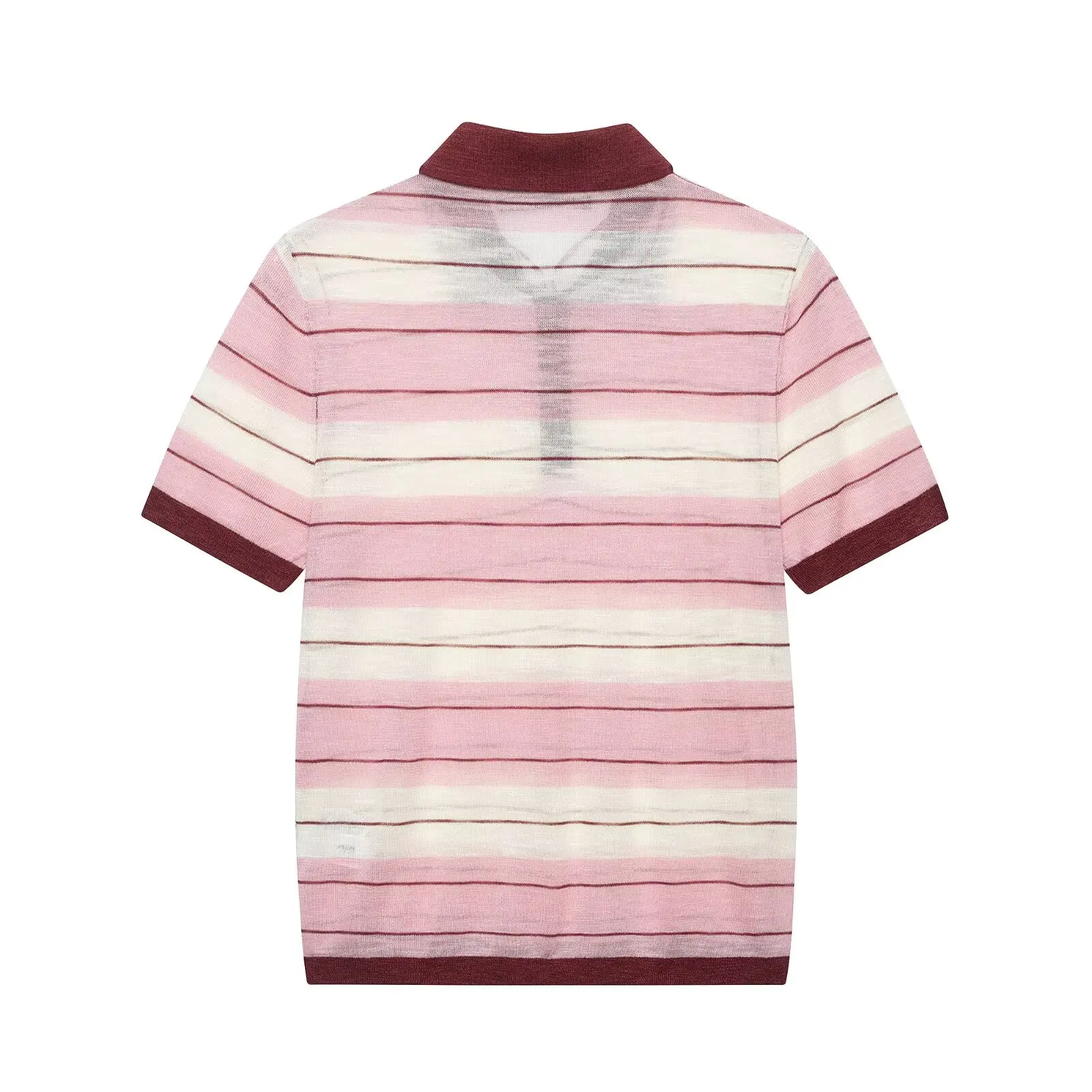BSAY Elegant Color Block Striped Knitted Polo Top Women Contrast Burgundy Collar Short Sleeve Half Button Summer Daily T-shirt