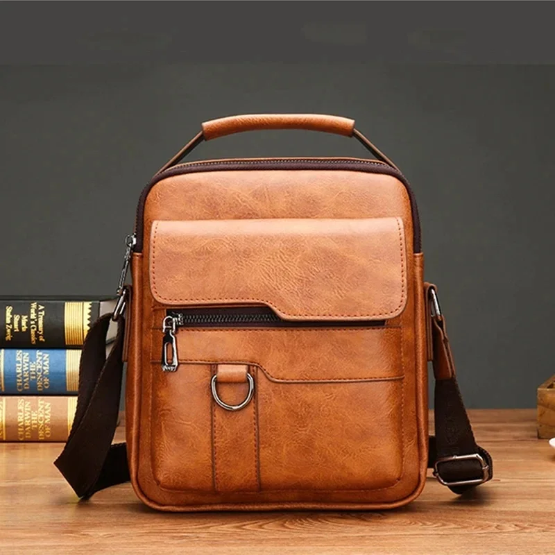 2024 Men's Business Briefcase Retro Summer New Leather Shoulder Bag Brown Black Crossbody Flip Vertical Handb