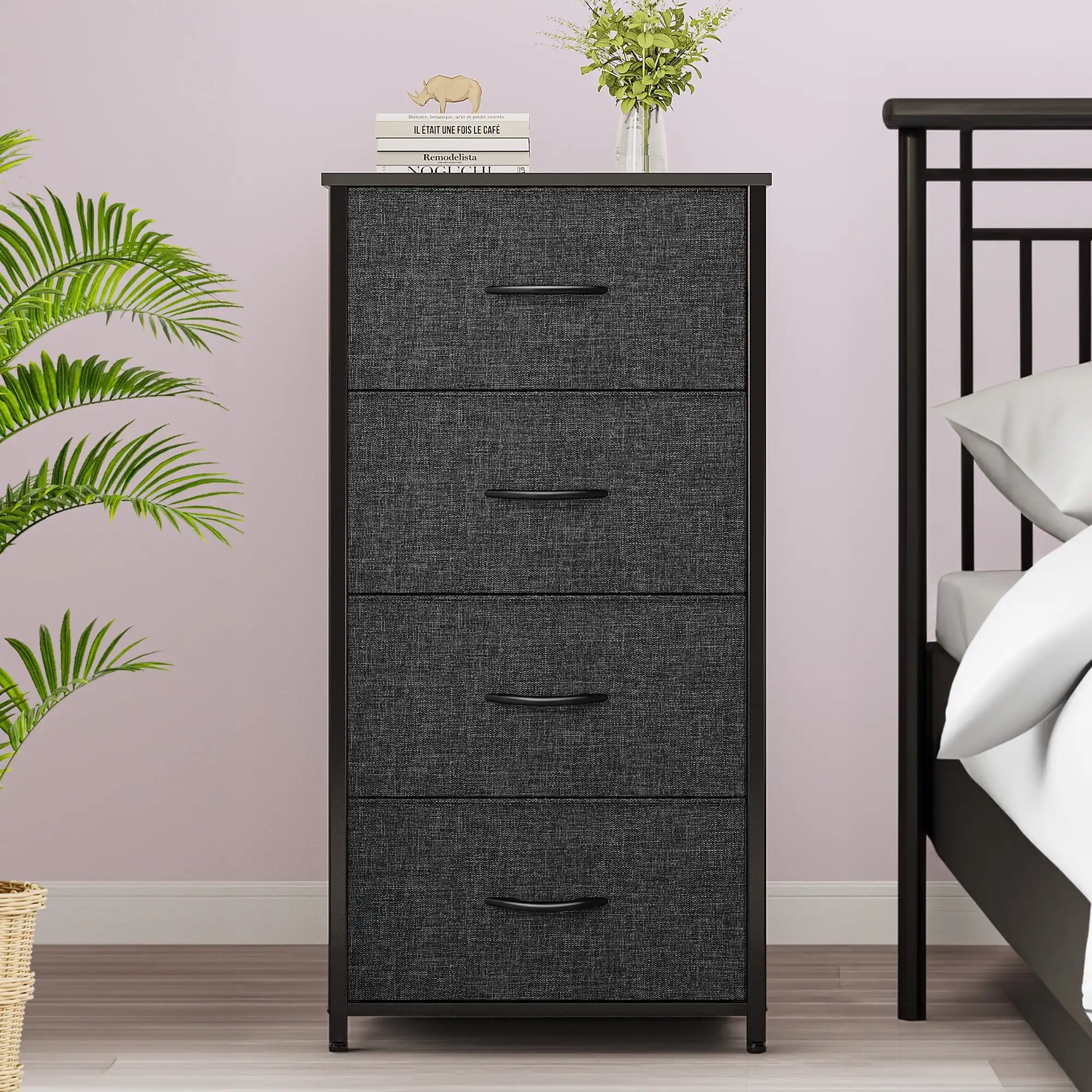 

4 Drawer Dresser for Bedroom, Fabric Drawers Sturdy Steel Frame Storage Organizer for Living Room,Hallway Black Grey