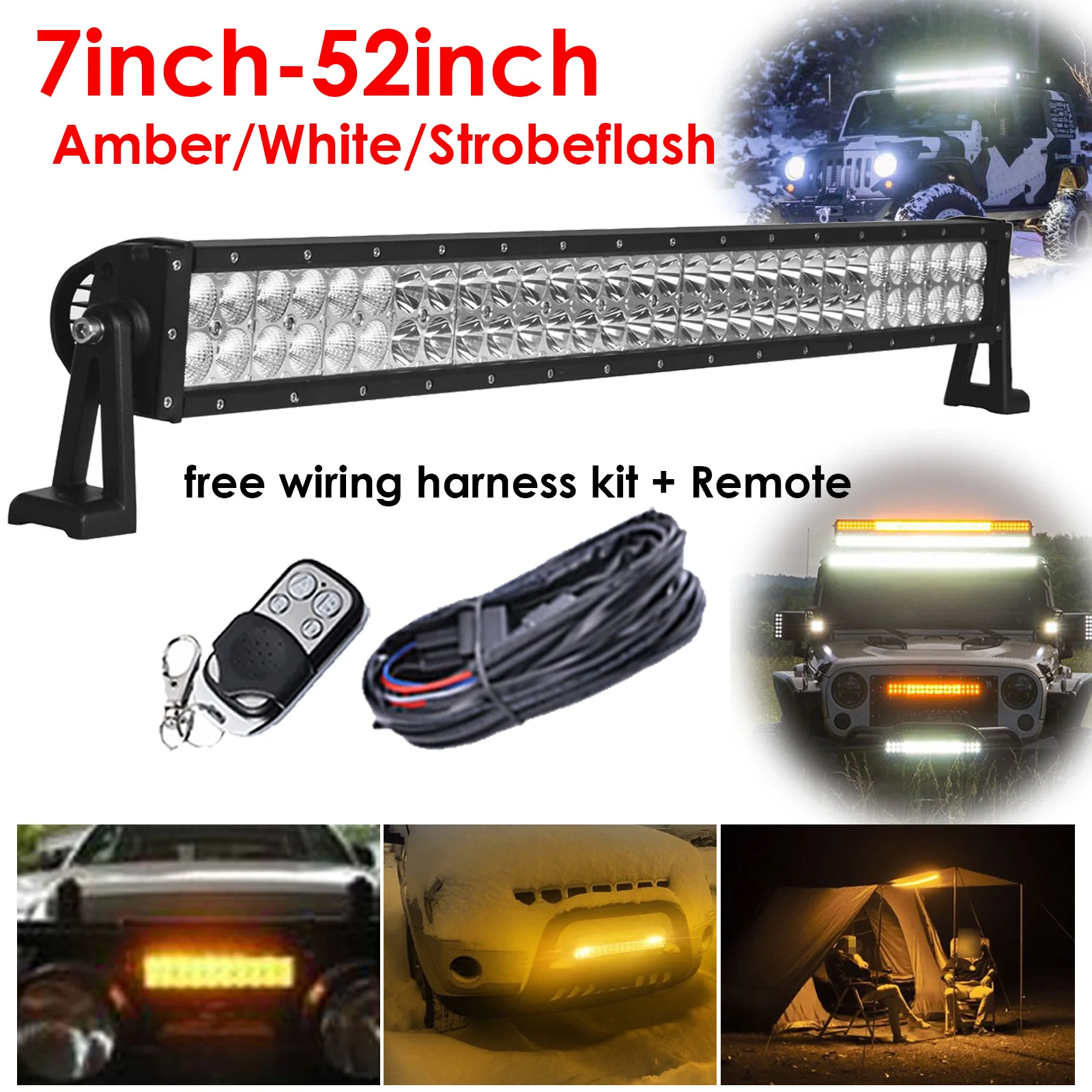 

Off-Road LED Light Bar Spot Flood Amber White Strobe 6 Modes w/ Memory Function w/ Wiring Harness Kit For Off-Road Truck Car ATV