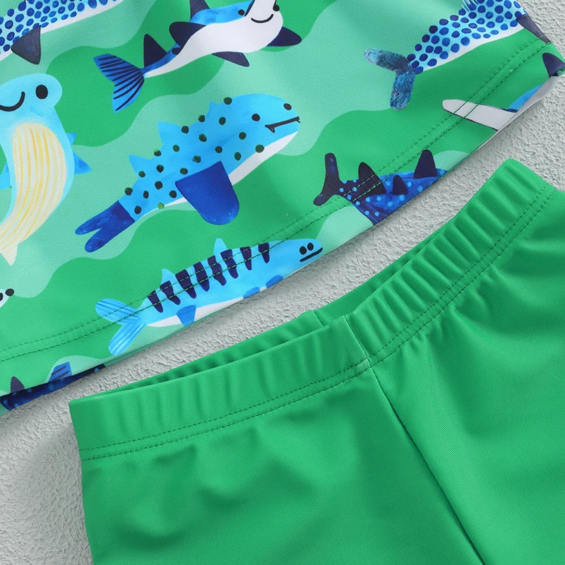 0-3T Baby Boys Swimsuit Set Summer Shark Print Short Sleeve Rash Guard and Swim Trunks and Hat Swimwear Beachwear