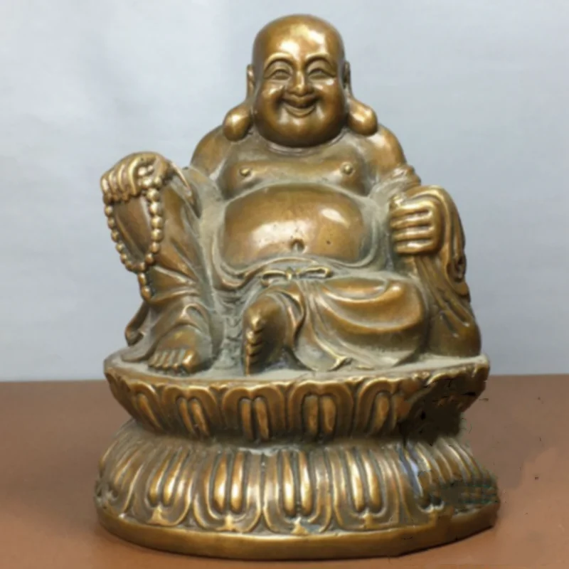 Vintage Bronze Big-Belly Maitreya Buddha Statue with Lotus Base - Laughing Buddha Home Buddhist Altar Worship Decor Ornament