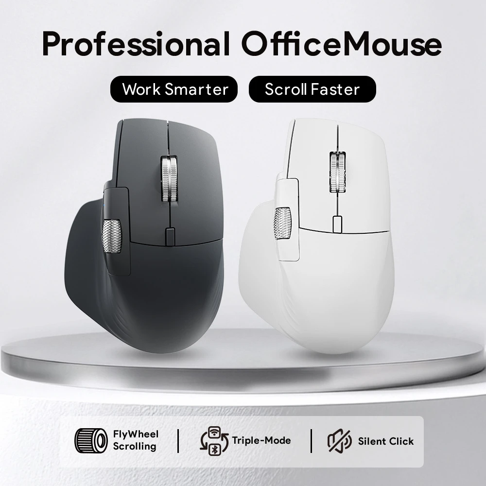 Ergonomic Tri-Mode Wireless Office Mouse Dual Scroll Wheel Silent  Programmable Macro Mice Bluetooth+2.4G USB Rechargeable Mice