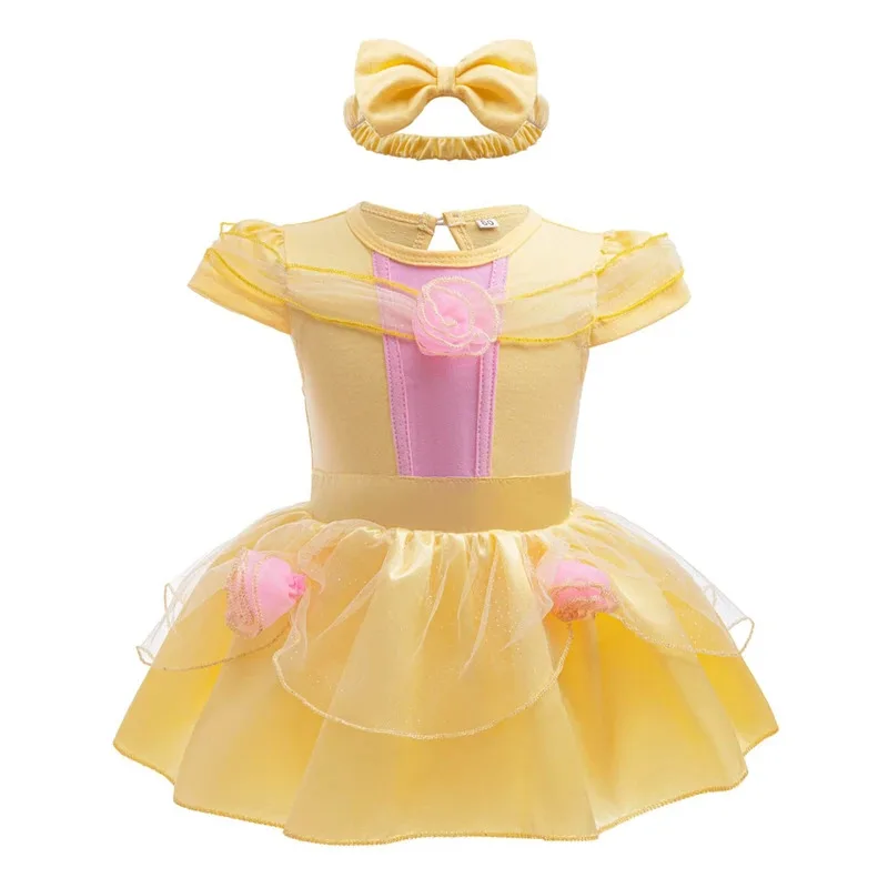 2025 New Fantasy Princess Snow White Belle Baby Romper with Headband Fairy Newborn Jumpsuit Crawling Clothes Infants Bodysuit
