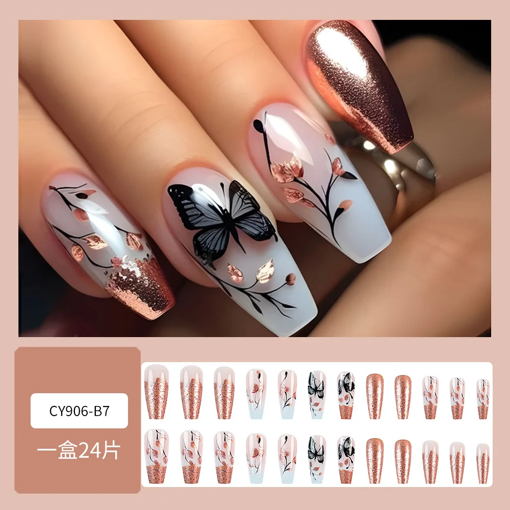 24pcs Press on Nails Rose Gold Glitter French Butterfly Full Coverage Nail Tips for Women and Girl Removable Wearable Nail Art 2