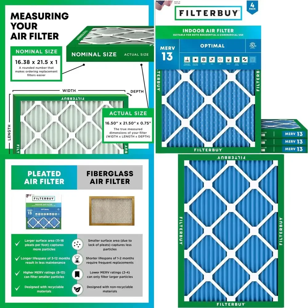 

4-Pack MERV 13 Air Filters, Optimal for Smoke & Allergy Protection, Pleated HVAC AC Furnace Filters, Actual Size: 16.50 x 21.50