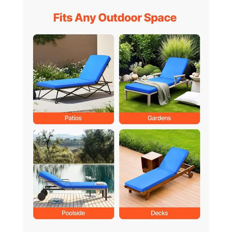 Chaise Lounge Cushion, 72 x 21 x 3 in, Outdoor Lounge Chair Cushions, Waterproof & Fade-Resistant, Sun Lounger Replacement Cushions with Ties, Patio Lounger Pads for Pool Deck Lawn, Blue view 3