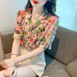 2024 New Summer Oversized High Waist Elegant Fashion Women's Shirt Loose Casual Chiffon Print Button Lapels Short Sleeve Tops