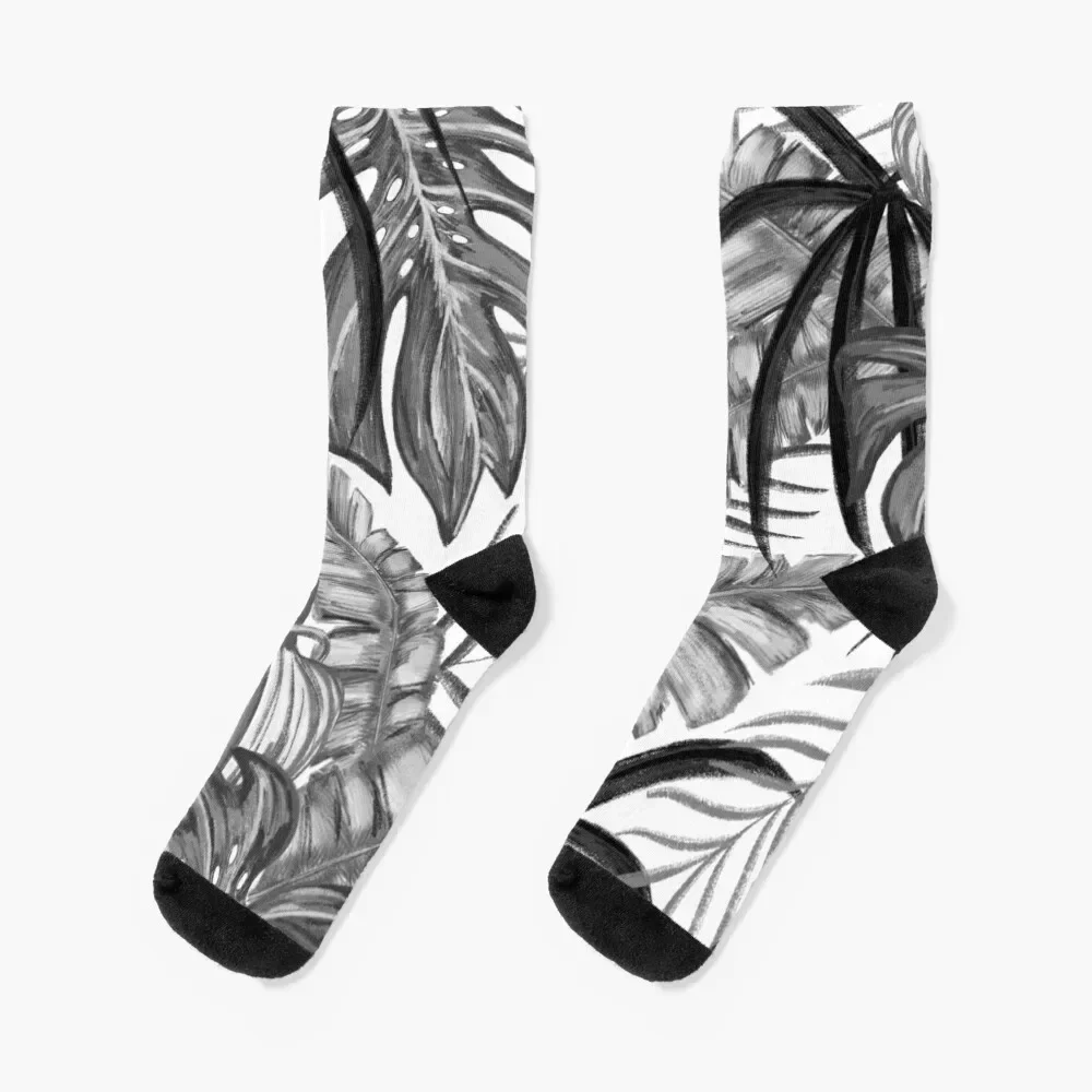 Tropical Leaves in Shades of Black, White and Gray Socks loose snow Socks For Men Women's