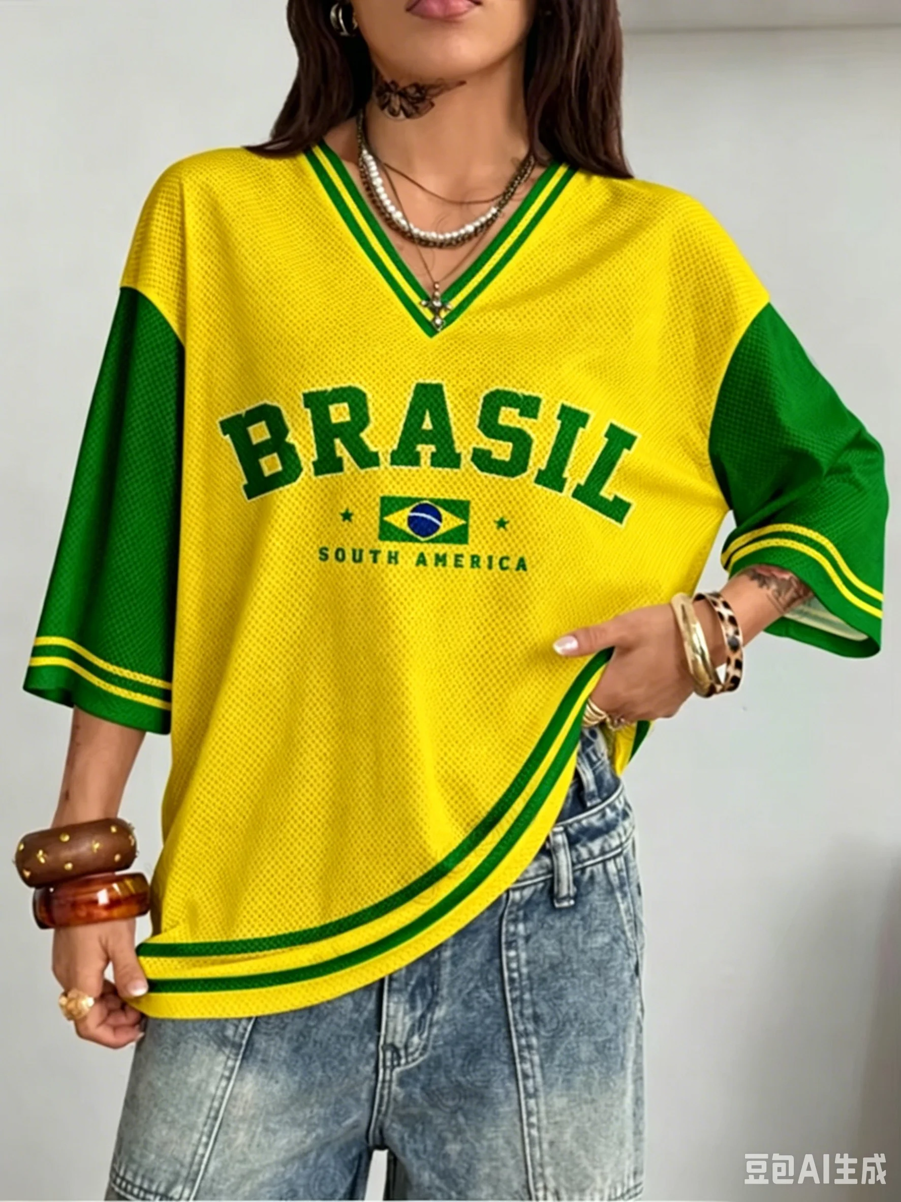 Summer New Vintage Brazil Style Print Women V-Neck T Shirt Patchwork Short Sleeve Sports Tees Football Jersey Y2K Loose Tops