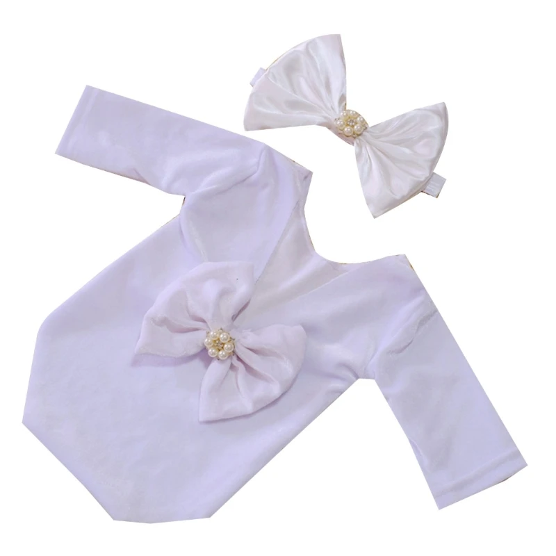 Newborn Photo Props Bow Headband Backless Jumpsuit Posing Clothes Baby Photography Suit Princess Bodysuit Infant Drop shipping