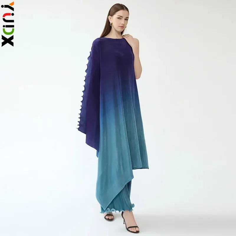 

YUDX Miyake 2024 Spring/Summer New Irregular One Shoulder Sleeves Round Neck Gradient Pleated Dress Casual Pants Two Piece Set