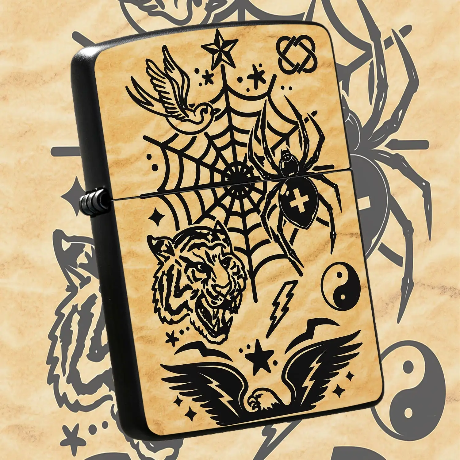 Vintage Tattoo Style Lighter with Retro Web, Fierce Tiger, Flying Bird, Spider, Pattern, Cool Aesthetic PORTABLE Ignition TOOL for Camping, Home Daily Use, Unique Creative Gift for Friends and Trend Lovers for All Scen A Humorous And Intere