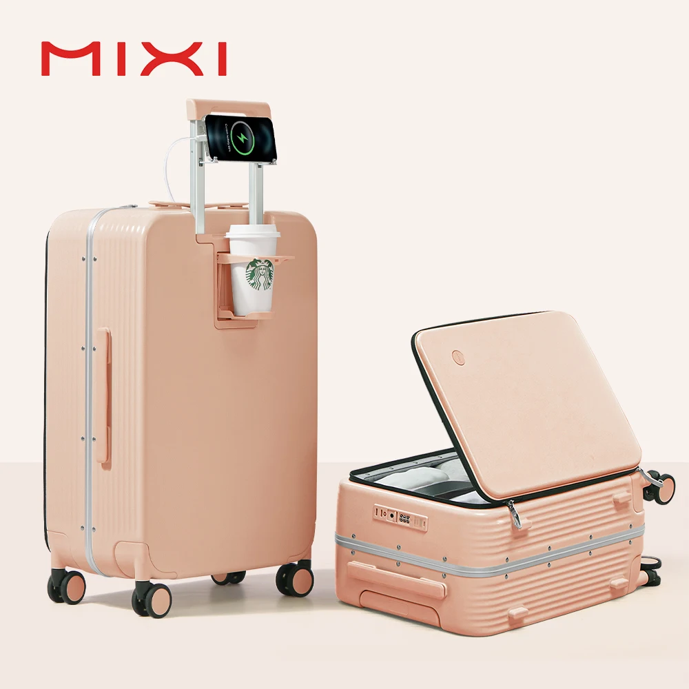 Mixi Aluminum Frame Suitcase Rolling Luggage with USB Port Boarding Cabin Cup and Phone Holder 20 24 26 Inch