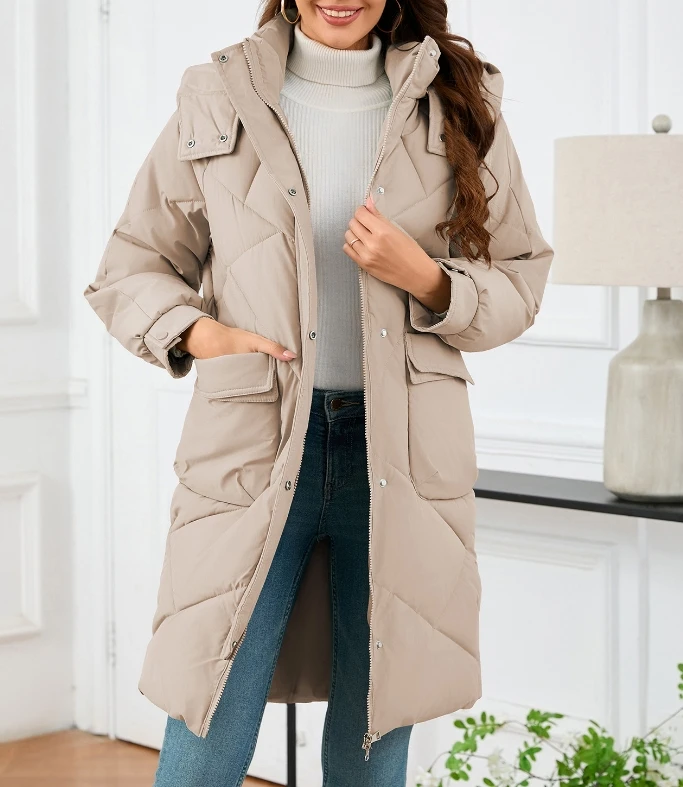 Women's Coat 2024 Winter Casual Loose Fit Solid Zipper Design Button Pocket Stand Collar Hooded Long Sleeve Warm Down Coat