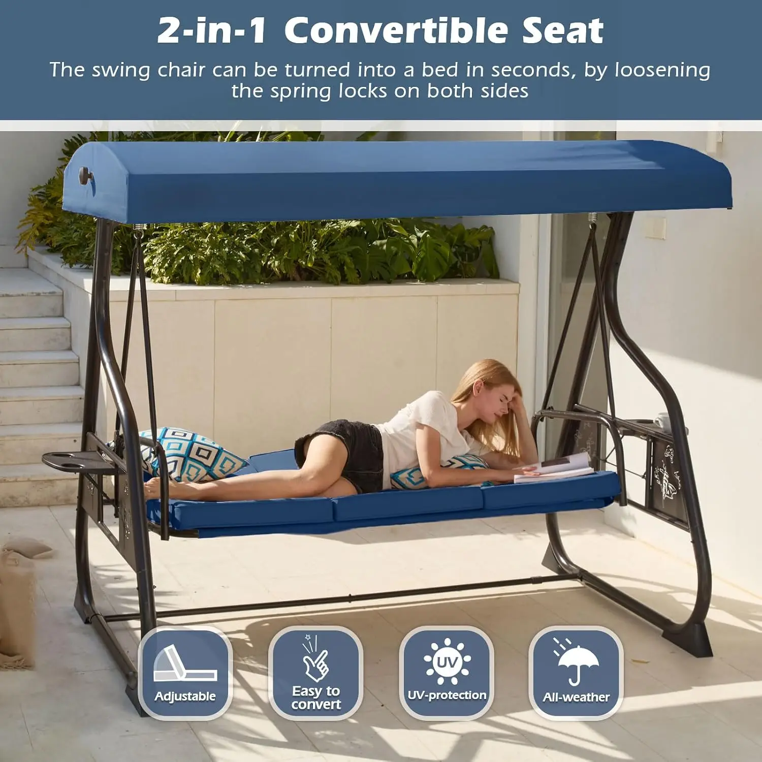 3-Seat Patio Porch Swing 800LBS Outdoor Swing with Stand w/Canopy & Adjustable Backrest Patio Glider Chair, Customized