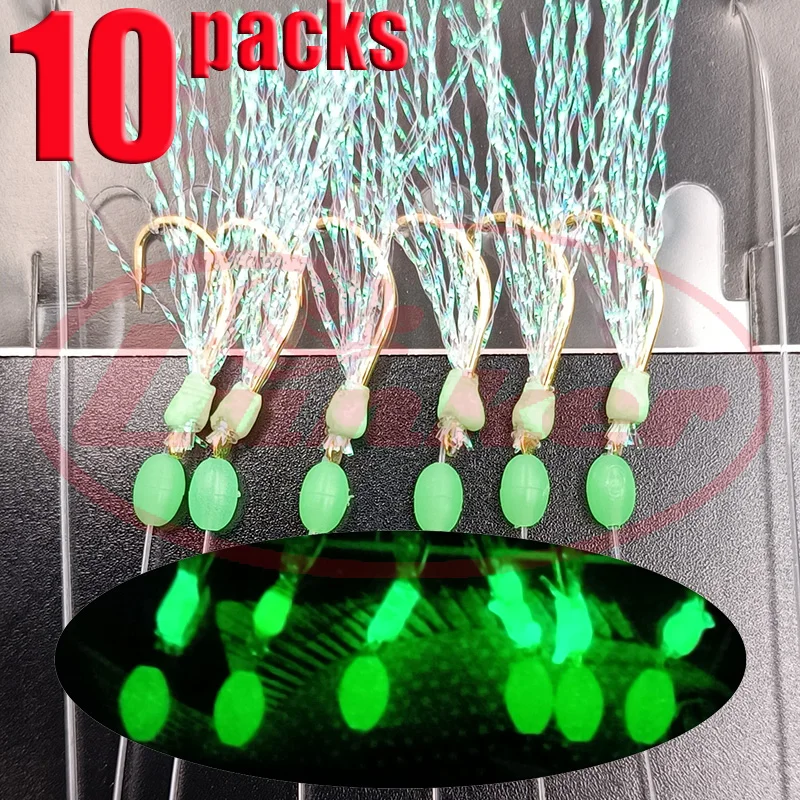 Lunker sabiki rigs 10 packs high carbon steel hooks saltwater fishing tackle luminous glowing beads shinning tinsel