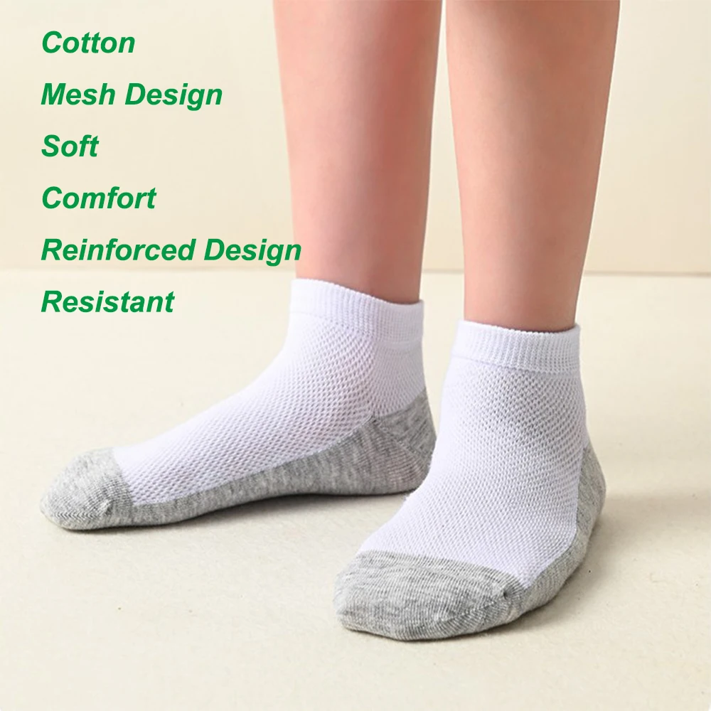 7 Pairs of Kids Cotton Blend Ankle Socks, Student Socks, Mesh Design, Solid Color, Comfortable, Breathable, Durable