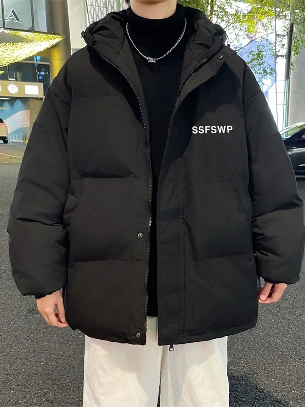 

Trendy Men's Cotton Jaet Winter New Thiened Hooded Loose Bread Sle Warm Sli American High Street Print Coat