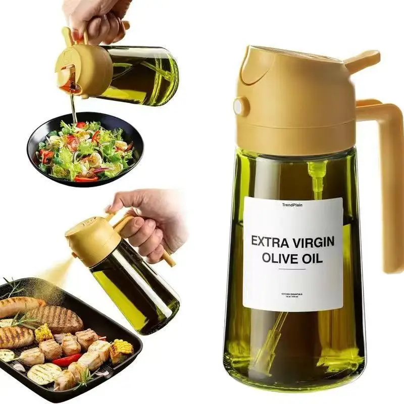 470 ML/16 oz Lichtblokkerende Donkere Olie Spuit voor Koken 2 in 1 Olijfolie Dispenser Fles voor Keuken Donkergroen Glazen Oliefles