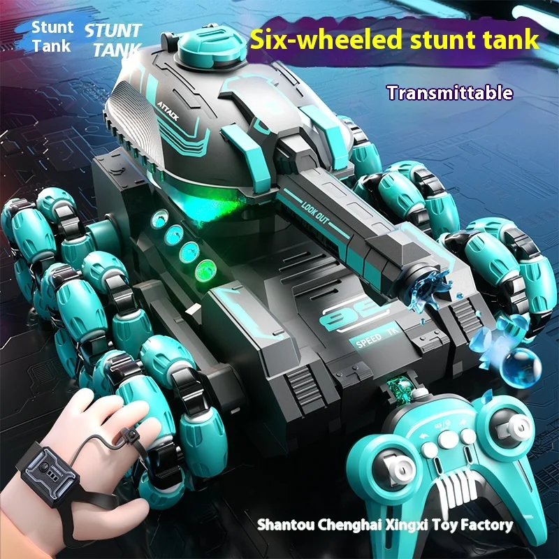 2025 New six wheel remote controlled tank car with gesture sensing capable of launching water bombs in battle children's toy car