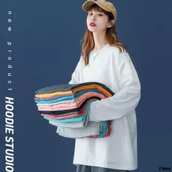 2024 100% cotton multiple colour new autumn women loose Korean Solid color ins style long sleeve O-Neck woman t-shirt