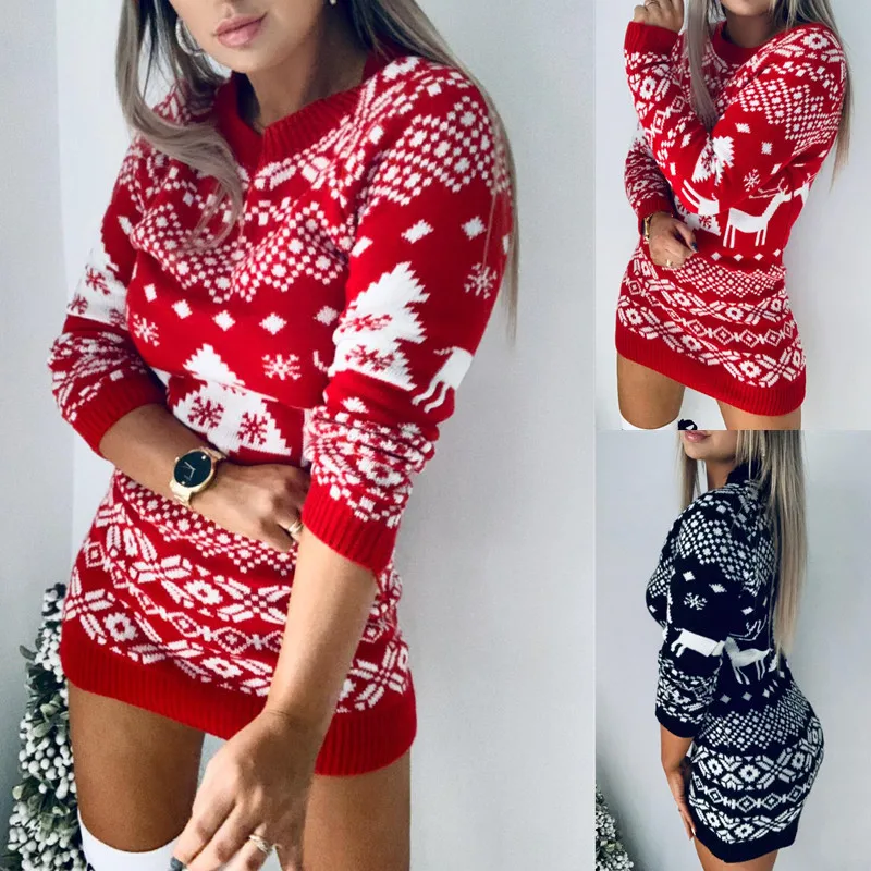 

Christmas Themed Knit Long Sleeved Dress Women New O-neck Sweater Dresses Lady Sexy Slim Streetwear Bodycon Mini Basic Bottoming