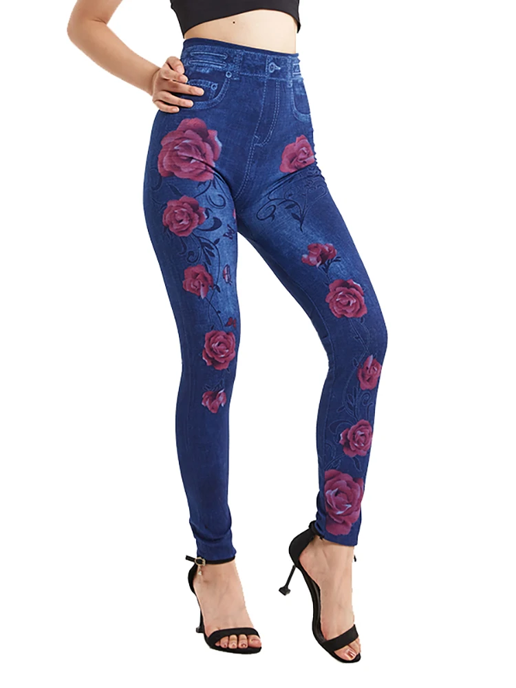 CUHAKCI Red Rose Floral Print Stretchy Fake Jeans Plus Size Women Pants Casual High Waist Leggings Denim Trouses S-3XL