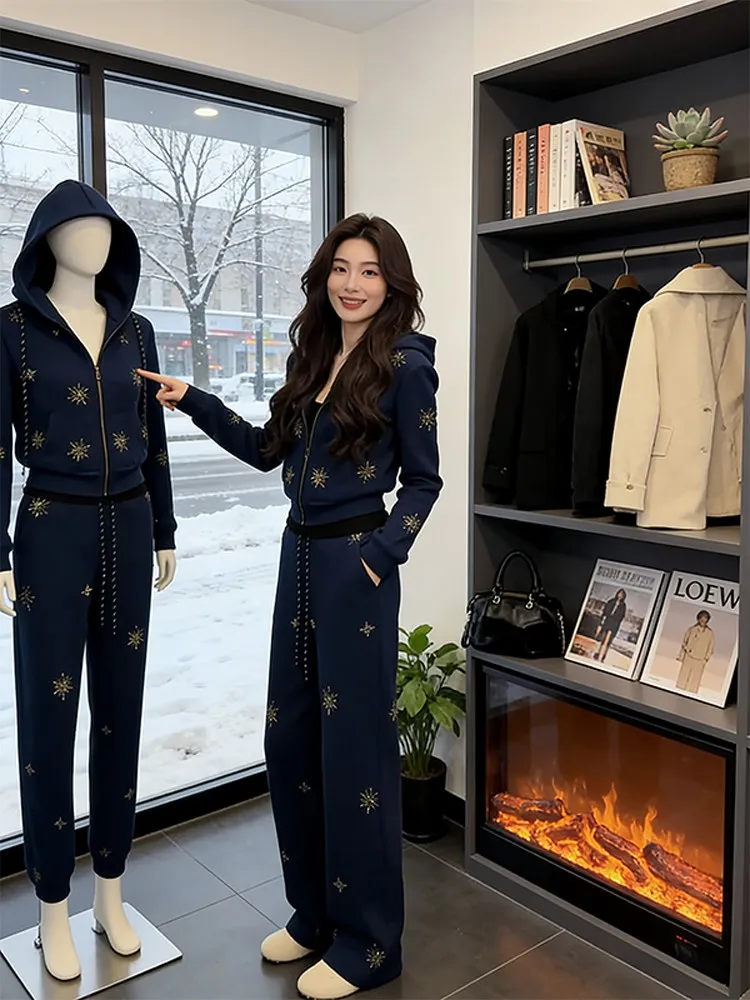 

Laid-ba корейский комплект с капюшоном с бриллиантами, широкие брюки, футболка, дышащая зимняя повседневная женская мода