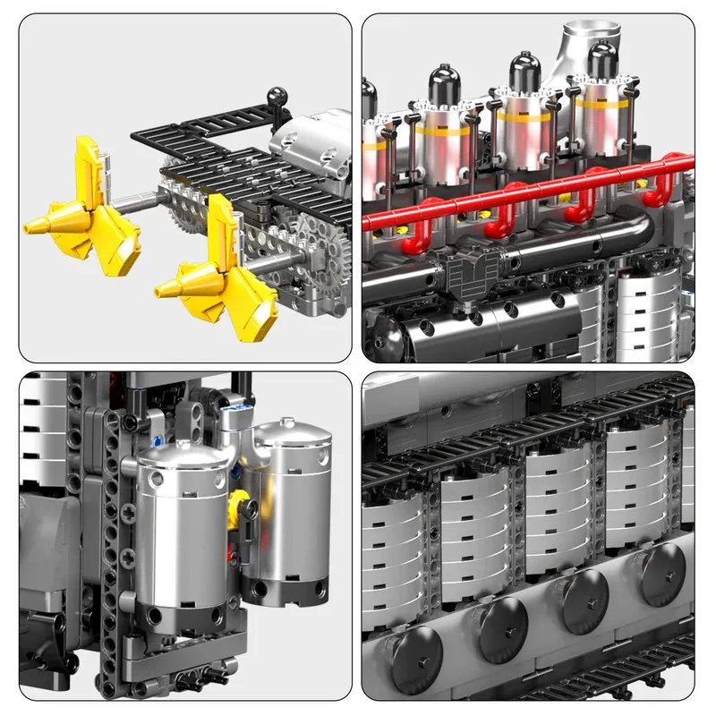 Mold King 10209 Technische inline 6-cilinder vliegdekschipmotor Bouwstenen Speelgoedset met motor en batterijdoos