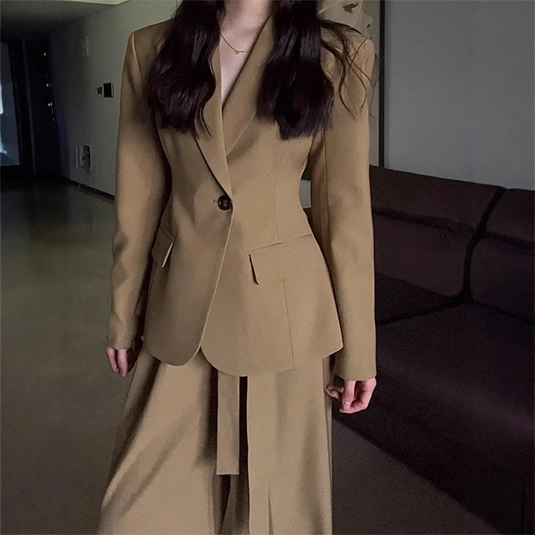 

SuperAen Autumn Fashion Oversize French Style Black Suit Jacket for Women High Waist Full-length Wide-legs Pants Sets