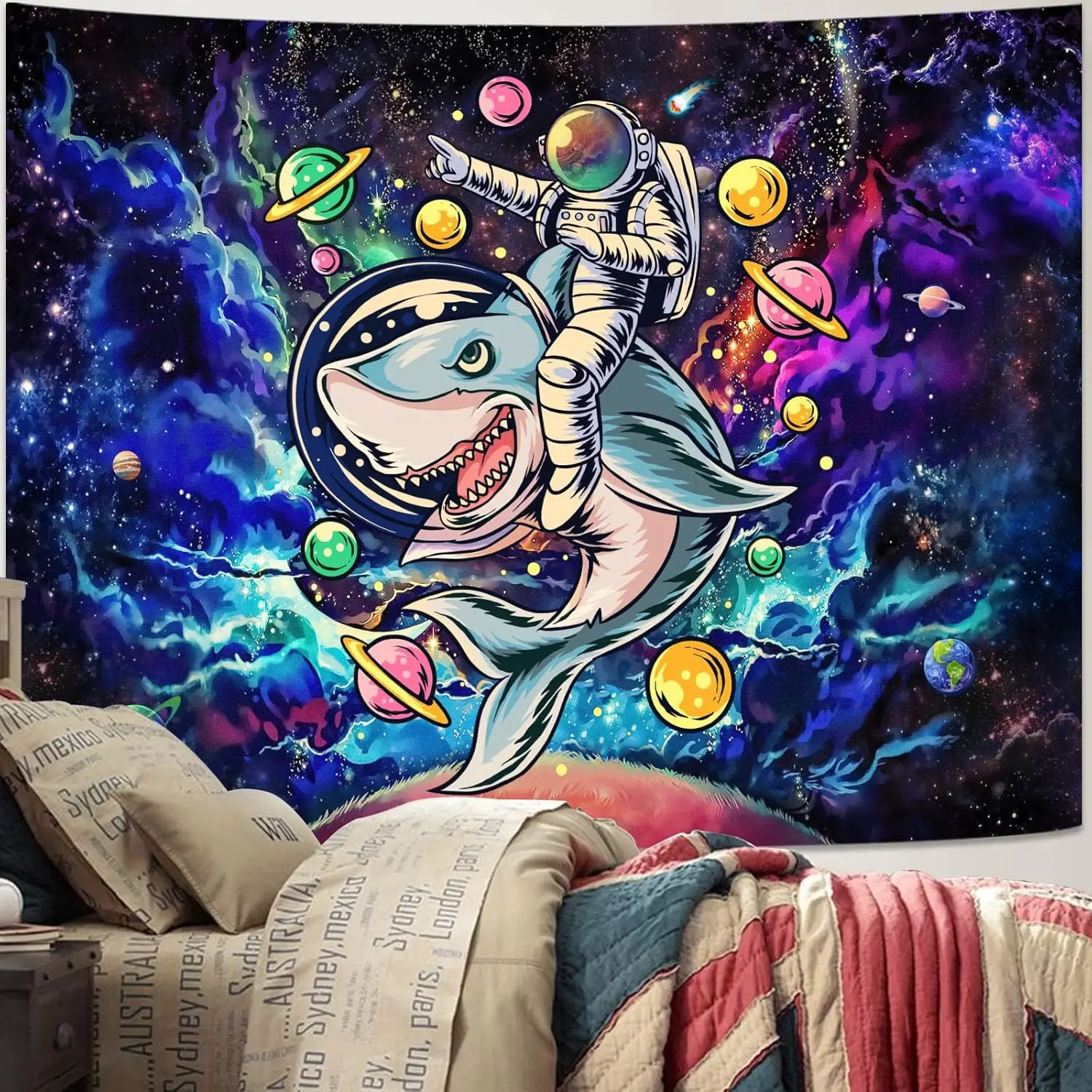 Funny Space Astronaut Shark Tapestry, Blacklight Trippy Galaxy Universe Planets Cool Tapestries for Teens Boys College Dorm