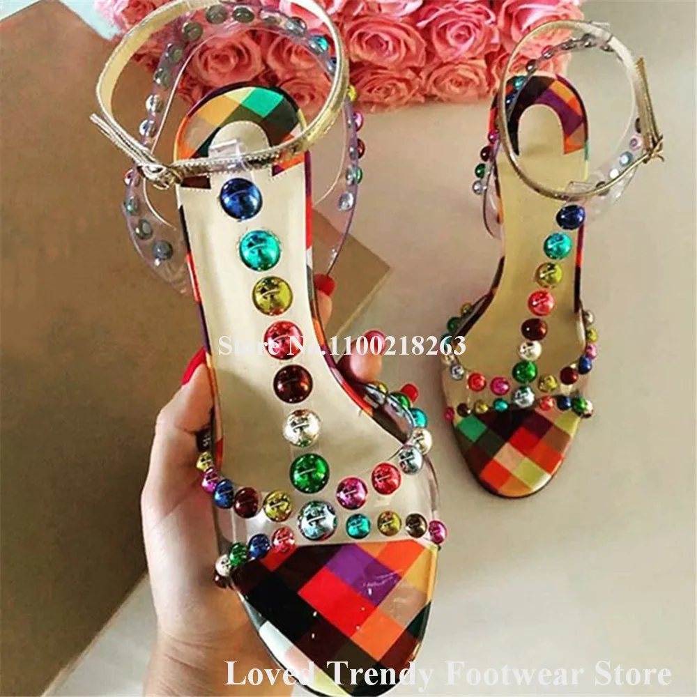 Bling Bling Colorful Diamonds Stiletto Heel Sandals Open Toe Red Checked Patchwork PVC T-straps Crystals Thin Heel Dress Pumps