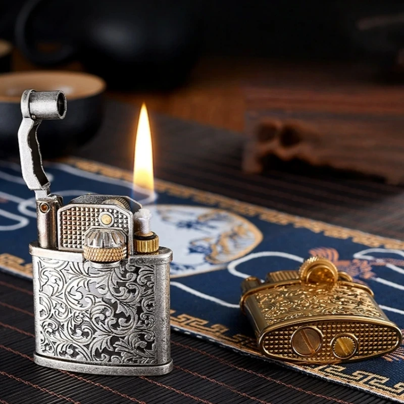 

Retro High-end Carved Tang Grass Pattern Lighter with Metal Relief Side Sliding Ignition Portable Lighter for Smoking Men's Gift