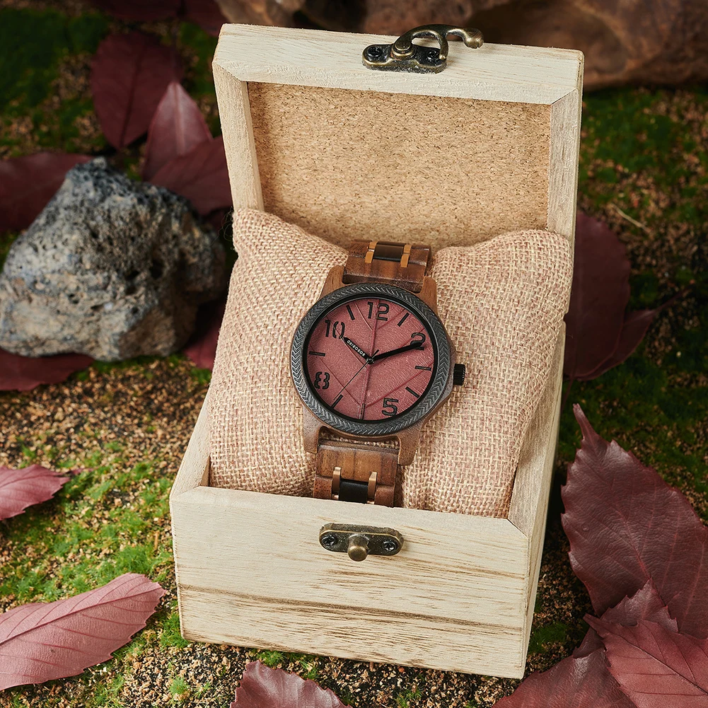 Men\'s Wood Watch with Genuine Leaf BOBO BIRD Watch for Men Bois Natural Handmade Watches Wooden Custom Gift for Anniversary