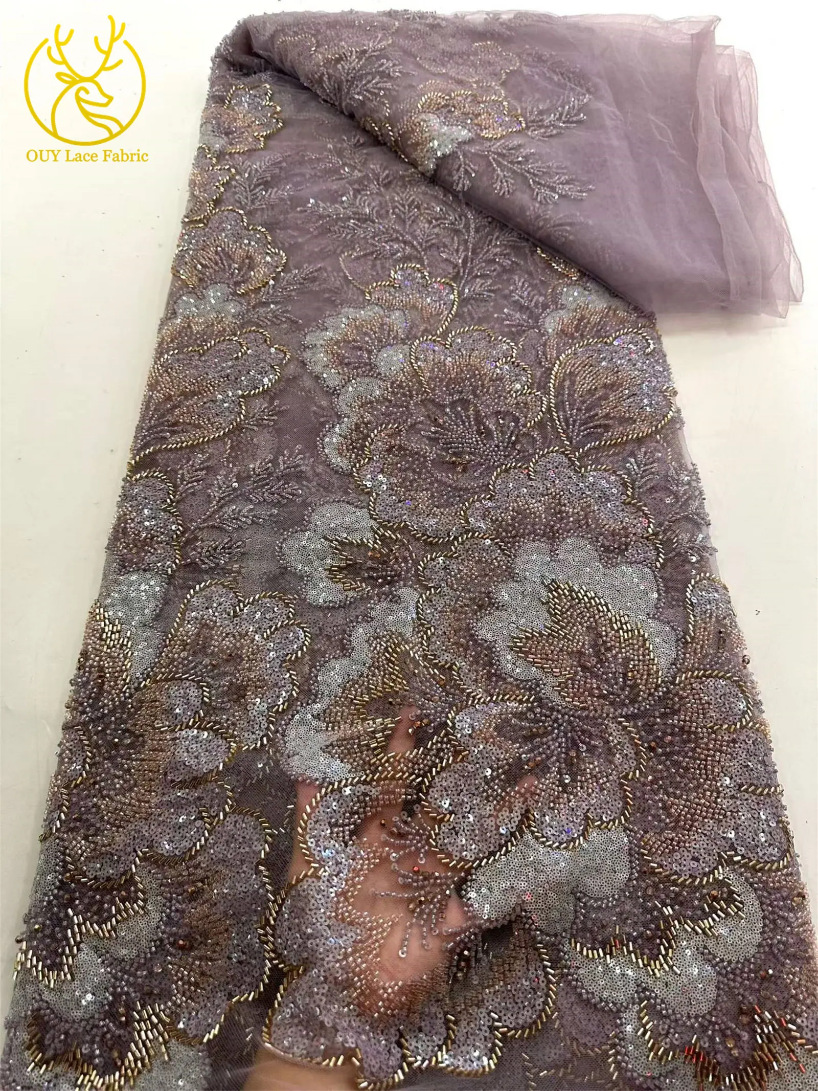 Afrikanischer Brautkleidstoff mit Perlen und Spitze 2026 Luxuriöse Nigerianische Stickerei Pailletten-Spitze Französische Tüllspitze für Brautkleider – Detail 15