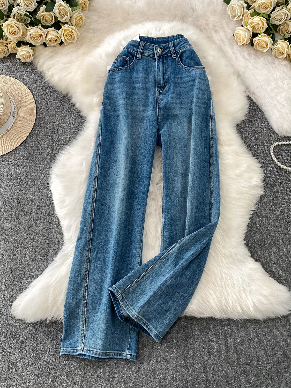 

Широкие джинсы с высокой талией в стиле ретро, женские повседневные прямые брюки, осень-зима, новые синие джинсовые утягивающие длинные брюки