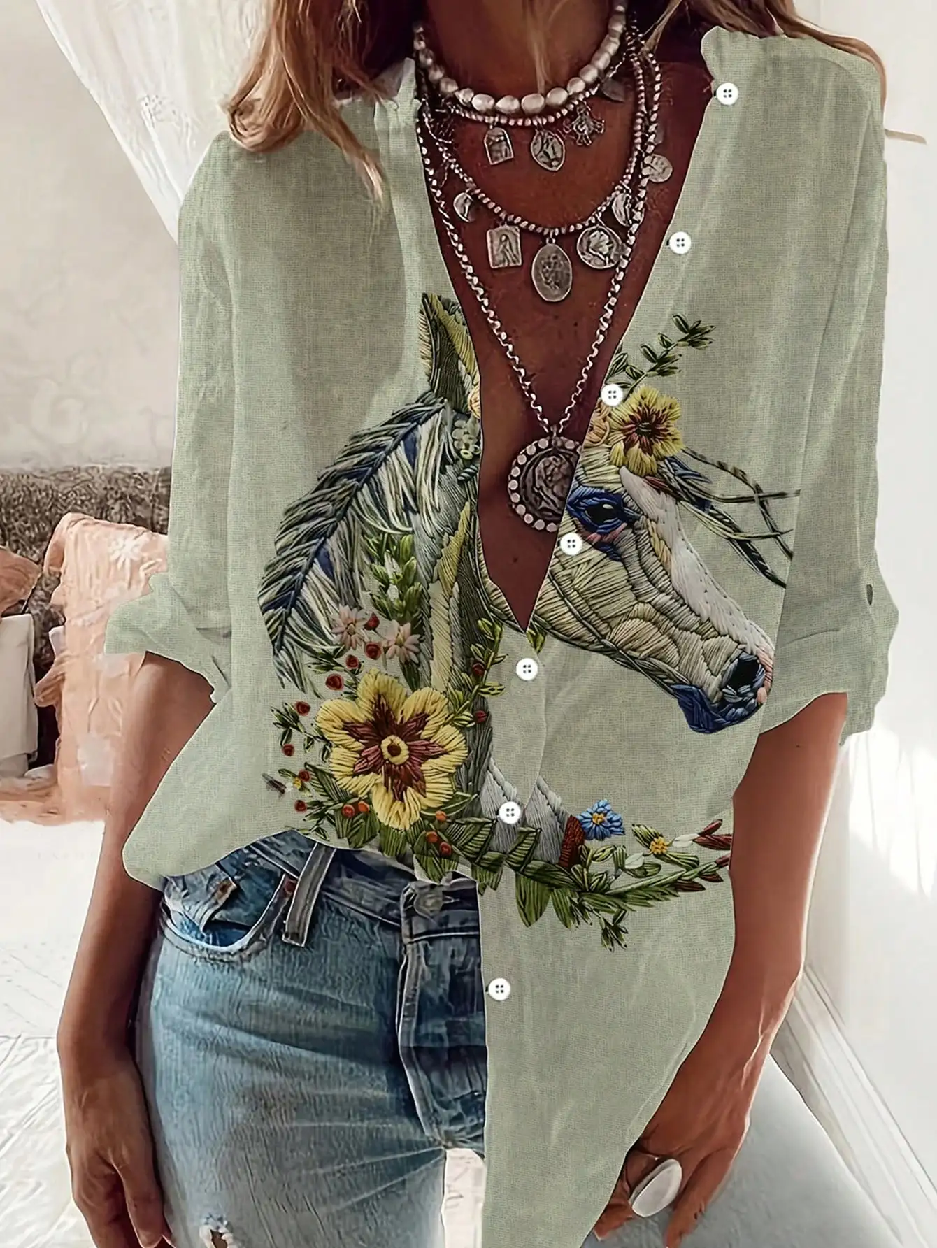 قميص نسائي مطبوع على طراز العطلة العرقية الغربية مثير كاجوال نحيف بأكمام طويلة